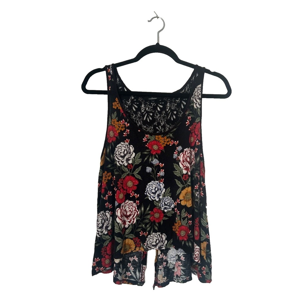 Womens Black Floral Lace Tank Top Large Sleeveless Open Split Back Dark Feminine